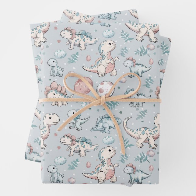 Baby dinosaurs on blue wrapping paper sheet (In situ)