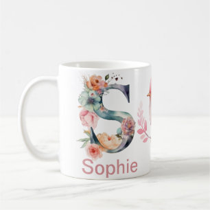 Baby Dog Photo Name Letter S Floral Monogram Bird Coffee Mug