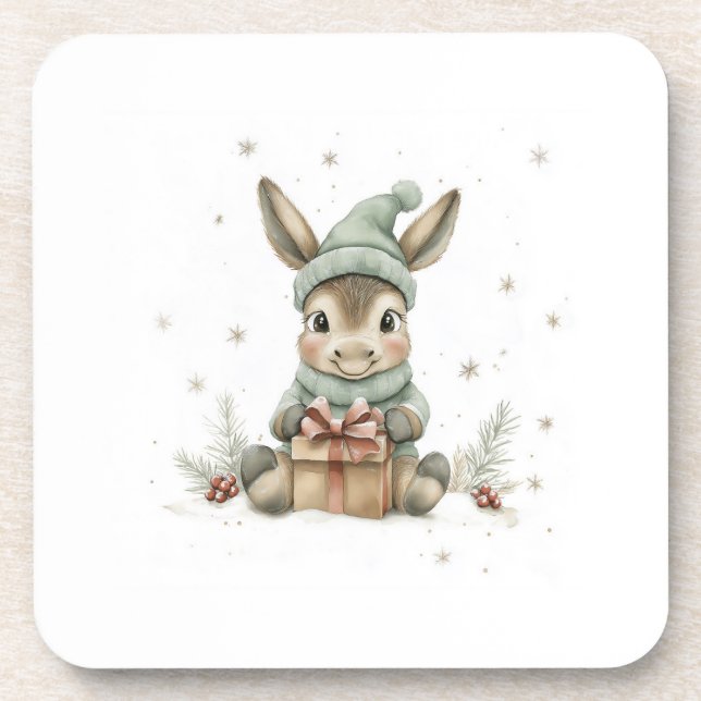 Baby Donkey in Winter Santa Hat Gift 4 Coaster (Front)