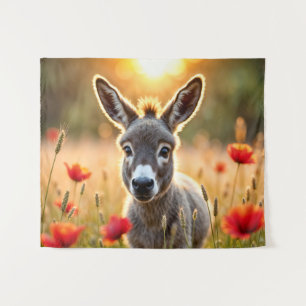 Baby donkey peaceful nature red poppies field tapestry