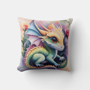 Baby Dragon Floral Art Throw Pillow