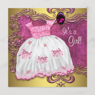 Baby Dress Pink and Gold Baby Shower Invitation