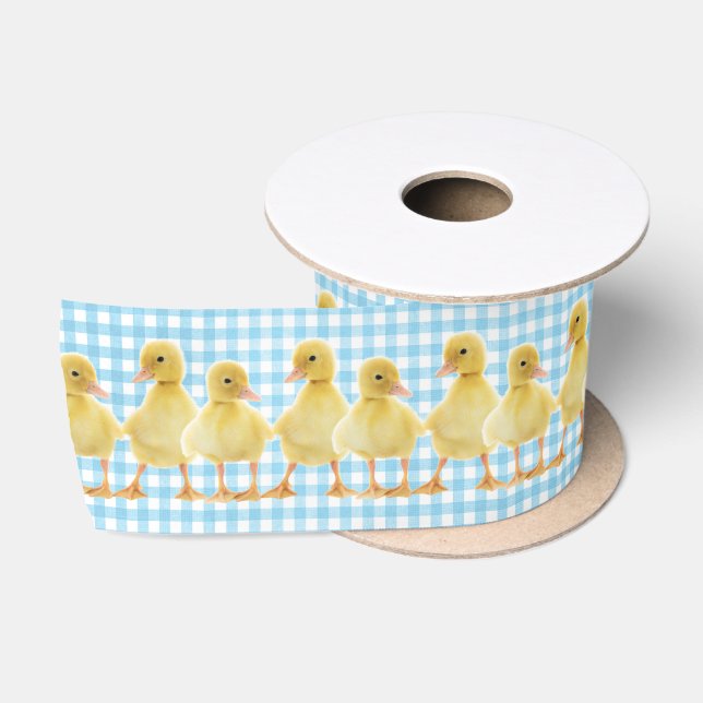 Baby Ducks On Aqua Gingham Satin Ribbon (Spool)