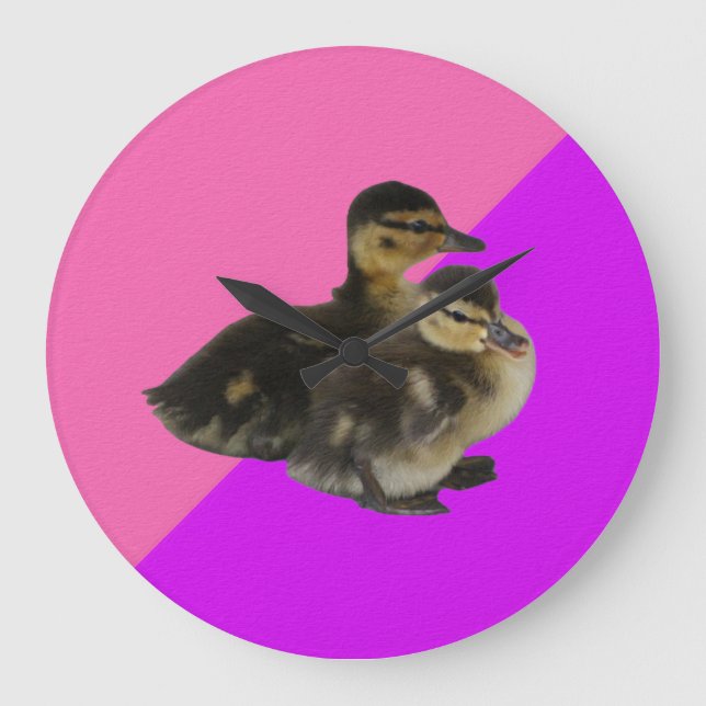 Baby Ducks on Pink Raspberry and Purple Sorbet Large Clock (Front)