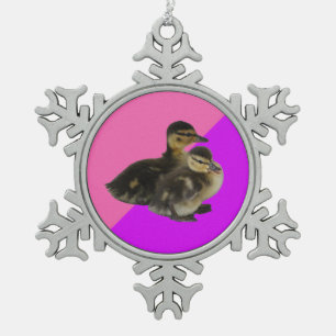 Baby Ducks on Pink Raspberry and Purple Sorbet Snowflake Pewter Christmas Ornament