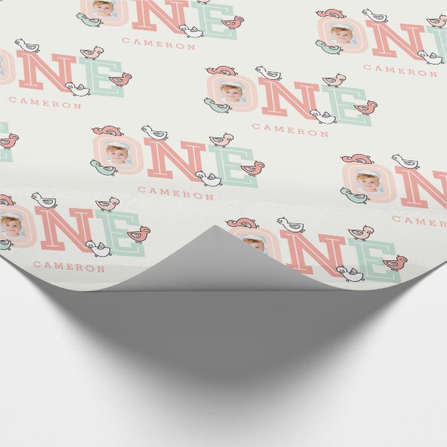 Baby Ducks One Photo Girl 1st Birthday Gift Wrap (Corner)