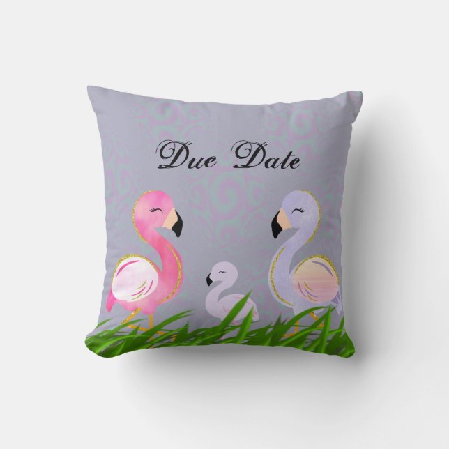 Baby Due Date Personalized Flamingo Throw Pillow (Front)