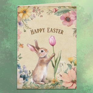 Baby Easter Bunny with Pink Tulip Vintage Floral  Card