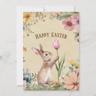 Baby Easter Bunny with Pink Tulip Vintage Floral  Holiday Card