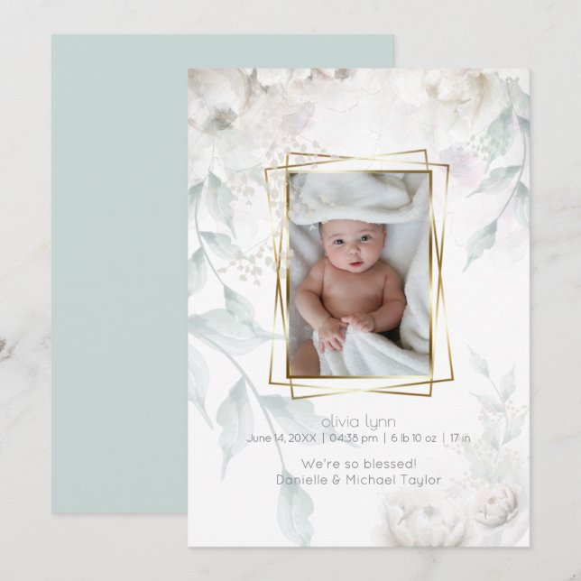 Baby |  Elegant Alabaster White Peonies Invitation (Front/Back)