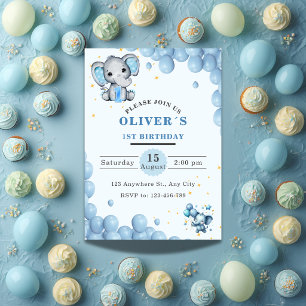 Baby Elephant 1st Birthday Invitation Boy Blue