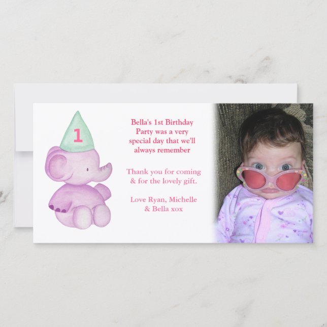 Baby Elephant 1st Birthday Thank You Photo Card (Front)