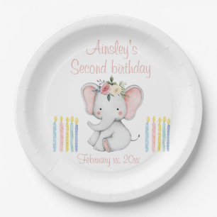 Baby Elephant 2nd Birthday Pink Watercolor Paper Plate