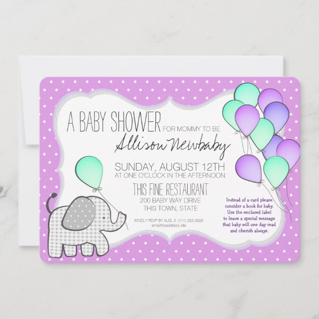 Baby Elephant and Balloons Magenta Baby Shower Invitation (Front)