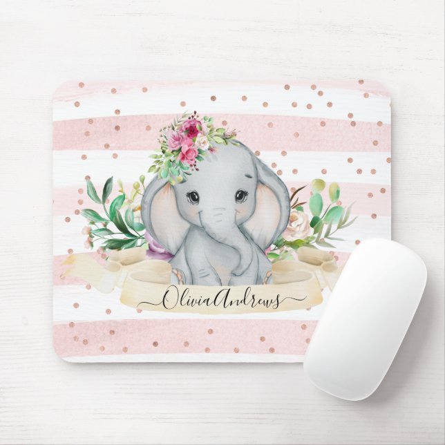 Baby Elephant and Flowers Cute Watercolor Drawing  Mouse Pad (With Mouse)