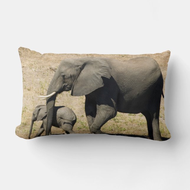 Baby Elephant And Mother Lumbar Pillow (Front)