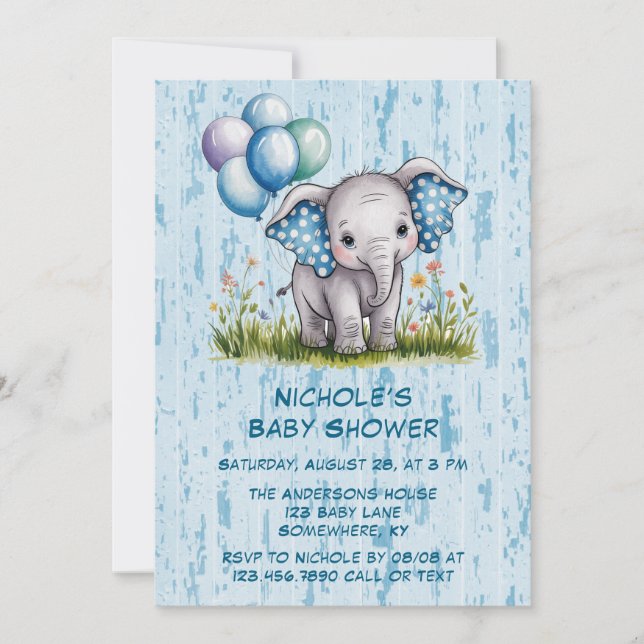 Baby Elephant and Wildflower Boy Baby Shower Invitation (Front)