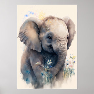 Baby Elephant Aquarelle Nursery Wall Art Poster