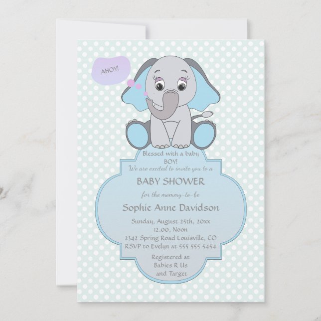 Baby Elephant Baby Boy Baby Shower Invite (Front)