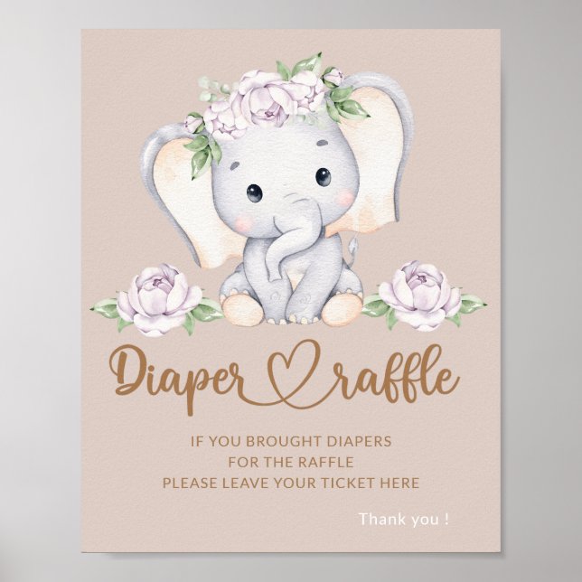 Baby elephant baby shower diaper raffle poster (Front)