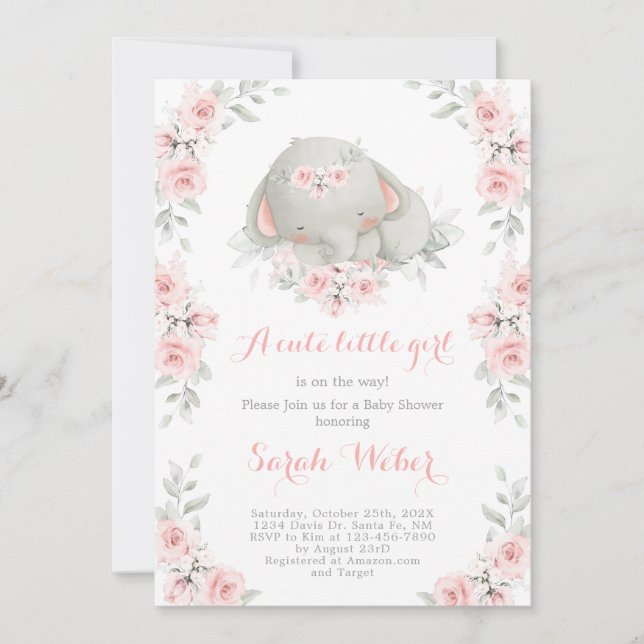 Baby Elephant Baby shower fille Invitation (Devant)