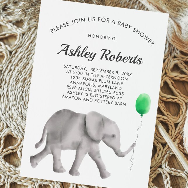 Baby Elephant Baby Shower Invitation, Green & Grey Invitation (Creator Uploaded)