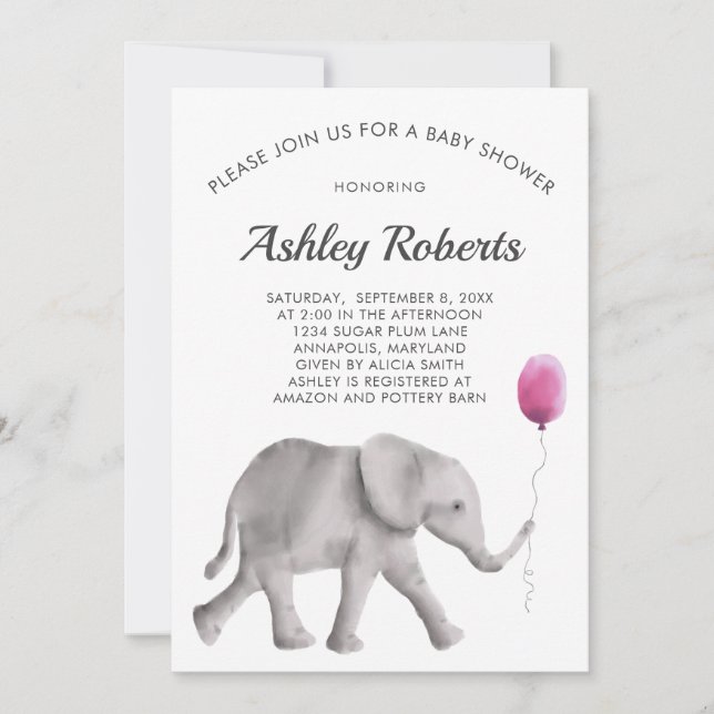 Baby Elephant Baby Shower Invitation, Pink & Grey Invitation (Front)