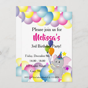 Baby elephant balloons birthday invitation