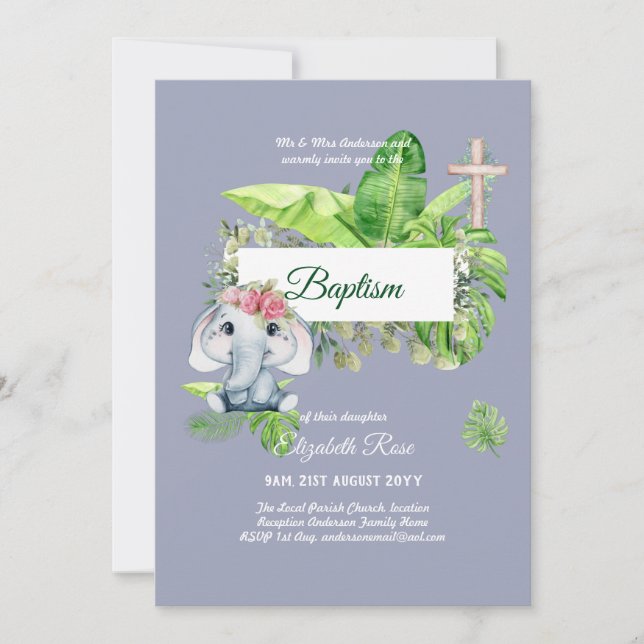 Baby Elephant BAPTISM Bautizo Bautismo Invitations (Devant)