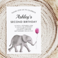 Baby Elephant Birthay Party Invitation Pink & Grey