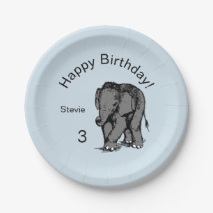 Baby Elephant Birthday Blue Paper Plate