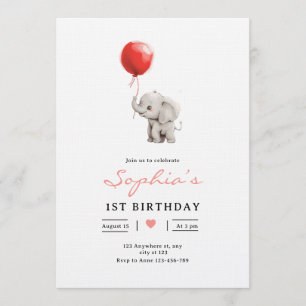 Baby Elephant Birthday Invite, Kids 1st Birhday Invitation