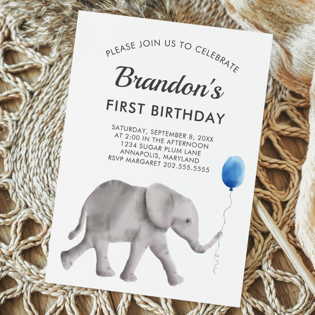 Baby Elephant Birthday Party Invitation Blue Grey (Creator Uploaded)