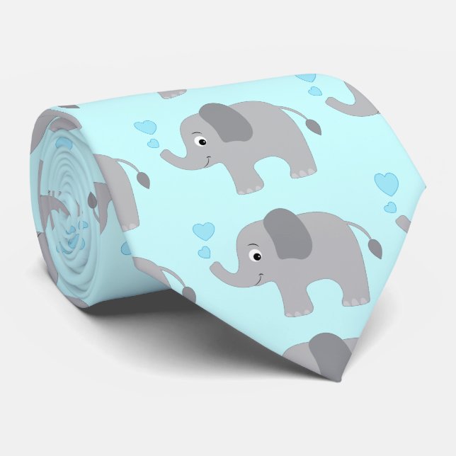 Baby Elephant Blowing Blue Hearts Tie (Rolled)