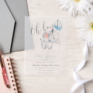 Baby Elephant & Blue Balloon Baby Shower Vellum Invitations