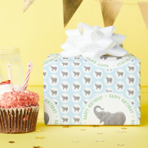 Baby Elephant Blue Birthday Wrapping Paper