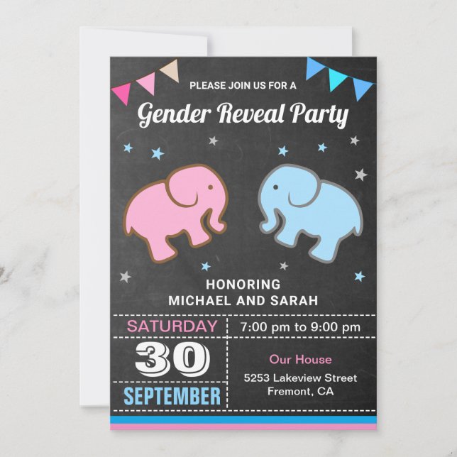Baby Elephant Blue or Pink Gender Reveal Party Invitation (Front)