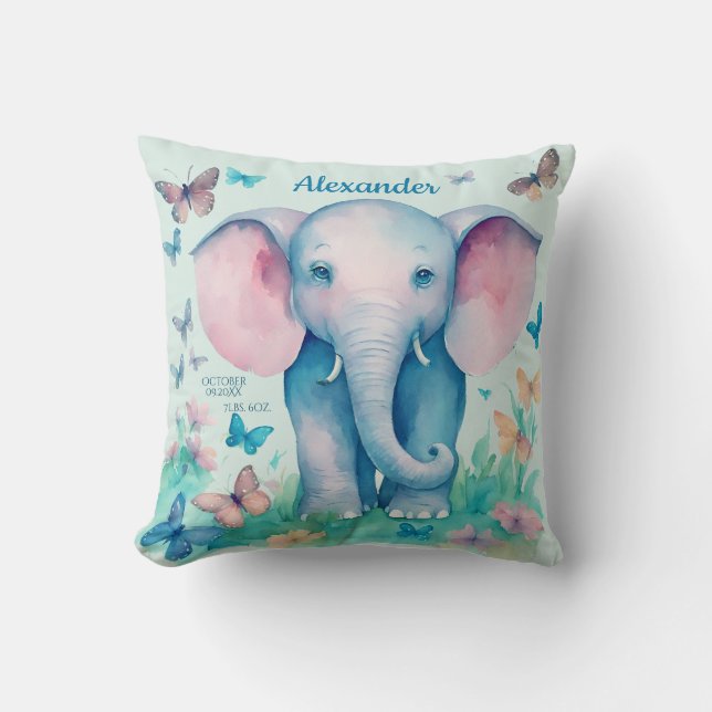 Baby Elephant Blue Personalized Birth Date Time Throw Pillow (Front)