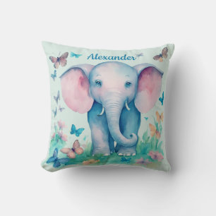 Baby Elephant Blue Personalized Throw Pillow