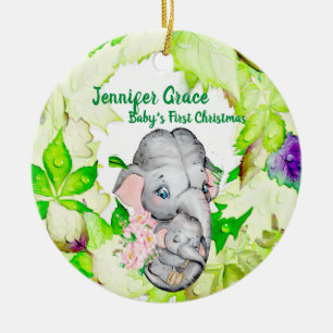 Baby Elephant Botanical Custom Photo 1st Christmas Ceramic Ornament