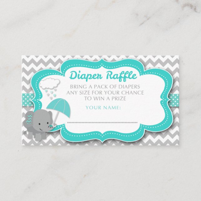 Baby Elephant Boy Baby Shower Teal Diaper Raffle Enclosure Card (Front)