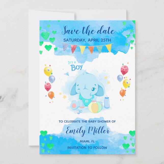 Baby elephant boy shower save the date (Front)