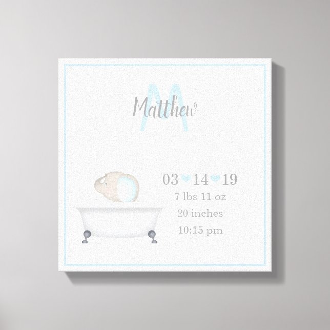 Baby Elephant Bubble Bath Boy Birth Announcement Canvas Print (Front)