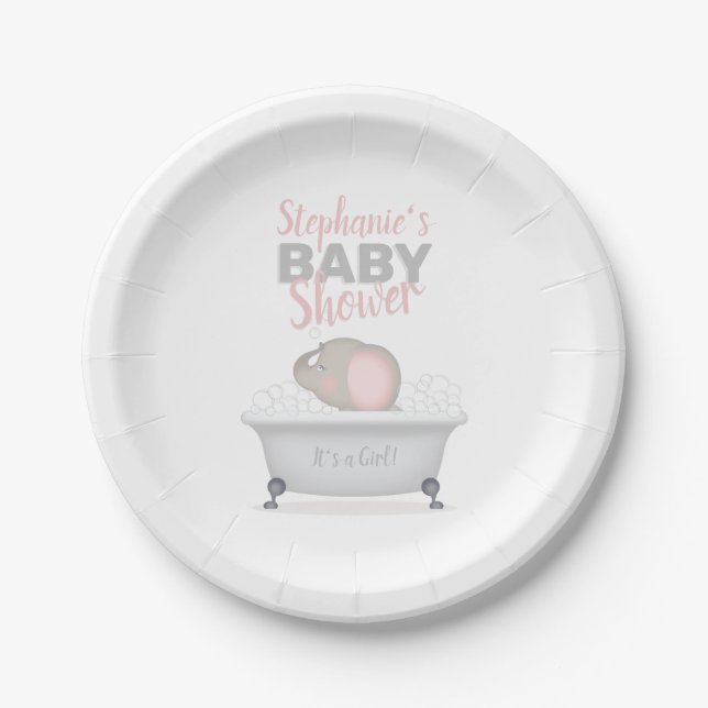 Baby Elephant Bubble Bath Girl Baby Shower Paper Plate (Front)