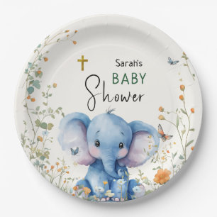 Baby Elephant & Butterflies Orthodox Baby Shower Paper Plate