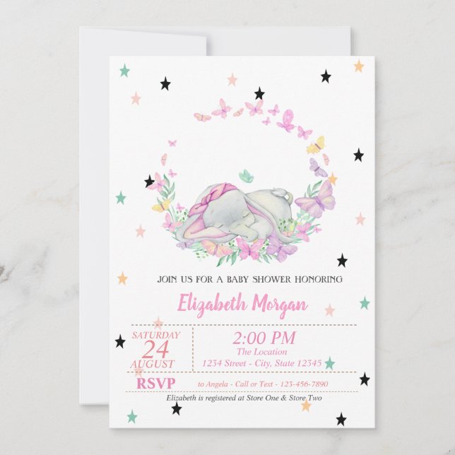 Baby Elephant,Butterflies, Stars Baby Shower  Invitation (Front)