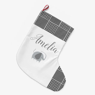 Baby Elephant Cartoon Black Plaid Personalize Large Christmas Stocking