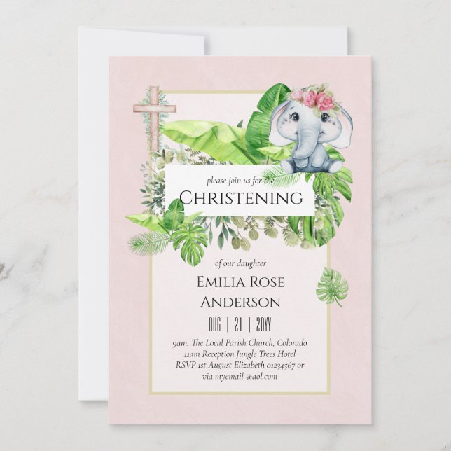 Baby Elephant CHRISTENING Invite for Girls Jungle (Front)