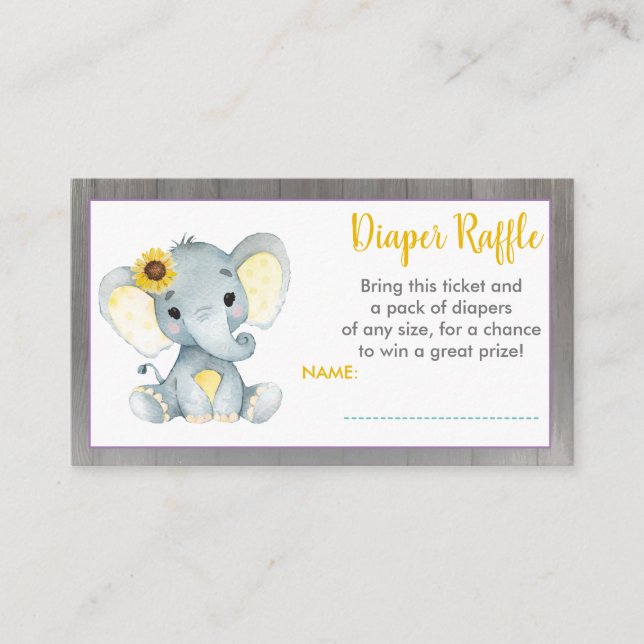 Baby Elephant diaper raffle ticket Yellow Enclosure Card (Front)