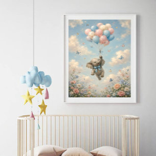Baby Elephant Floating Balloons Poster